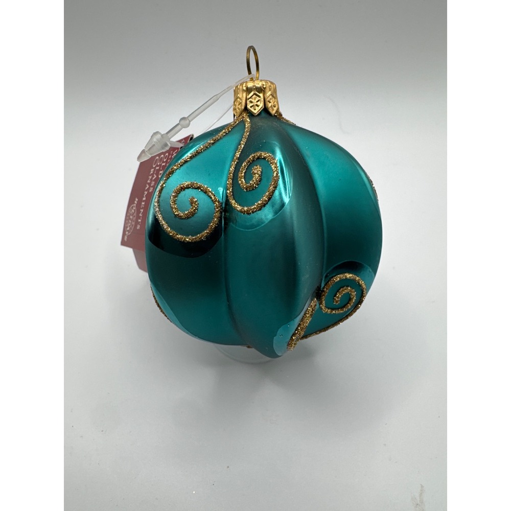 World Market Old World Glass Ornament Teal Blue Gold Glitter Swirl Czech 3in
